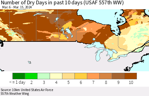 Canada Number of Dry Days in past 10 days (USAF 557th WW) Thematic Map For 3/11/2024 - 3/15/2024