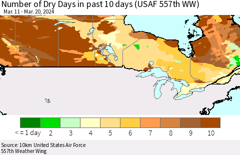 Canada Number of Dry Days in past 10 days (USAF 557th WW) Thematic Map For 3/16/2024 - 3/20/2024