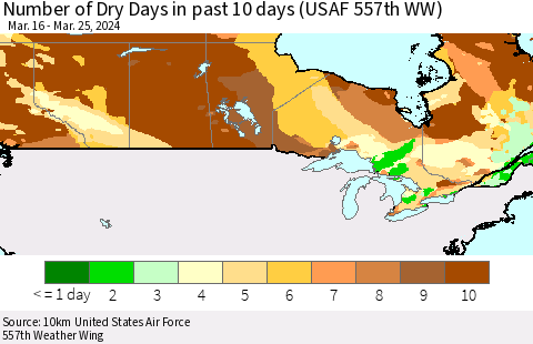 Canada Number of Dry Days in past 10 days (USAF 557th WW) Thematic Map For 3/21/2024 - 3/25/2024