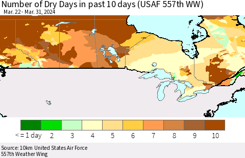 Canada Number of Dry Days in past 10 days (USAF 557th WW) Thematic Map For 3/26/2024 - 3/31/2024