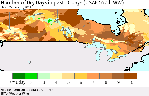 Canada Number of Dry Days in past 10 days (USAF 557th WW) Thematic Map For 4/1/2024 - 4/5/2024