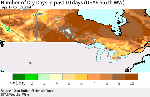 Canada Number of Dry Days in past 10 days (USAF 557th WW) Thematic Map For 4/6/2024 - 4/10/2024