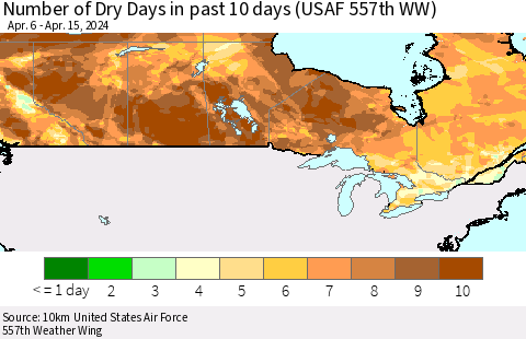 Canada Number of Dry Days in past 10 days (USAF 557th WW) Thematic Map For 4/11/2024 - 4/15/2024