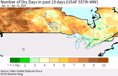 Canada Number of Dry Days in past 10 days (USAF 557th WW) Thematic Map For 4/16/2024 - 4/20/2024