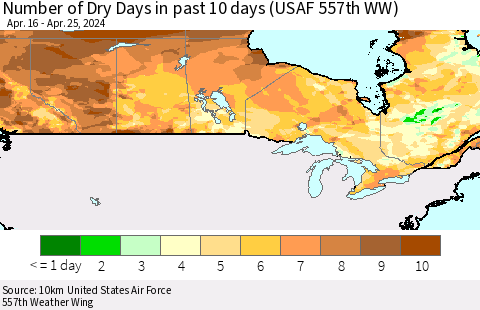 Canada Number of Dry Days in past 10 days (USAF 557th WW) Thematic Map For 4/21/2024 - 4/25/2024