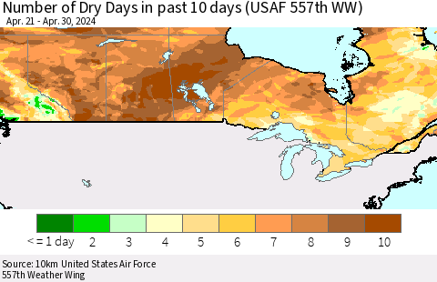 Canada Number of Dry Days in past 10 days (USAF 557th WW) Thematic Map For 4/26/2024 - 4/30/2024