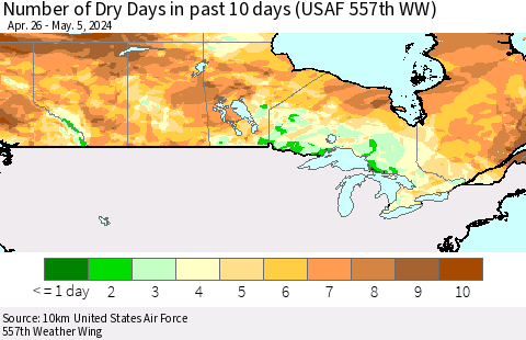 Canada Number of Dry Days in past 10 days (USAF 557th WW) Thematic Map For 5/1/2024 - 5/5/2024