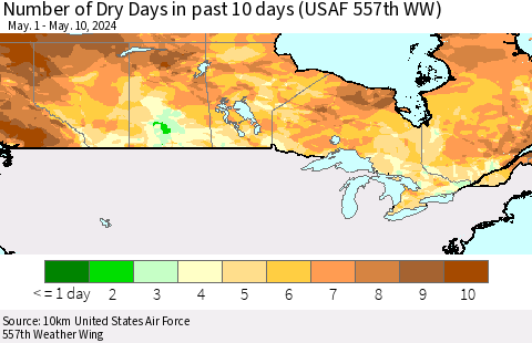 Canada Number of Dry Days in past 10 days (USAF 557th WW) Thematic Map For 5/6/2024 - 5/10/2024