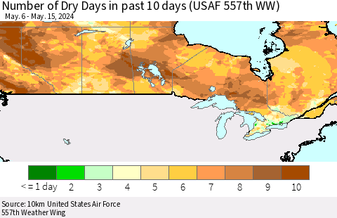 Canada Number of Dry Days in past 10 days (USAF 557th WW) Thematic Map For 5/11/2024 - 5/15/2024