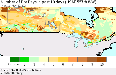 Canada Number of Dry Days in past 10 days (USAF 557th WW) Thematic Map For 5/16/2024 - 5/20/2024