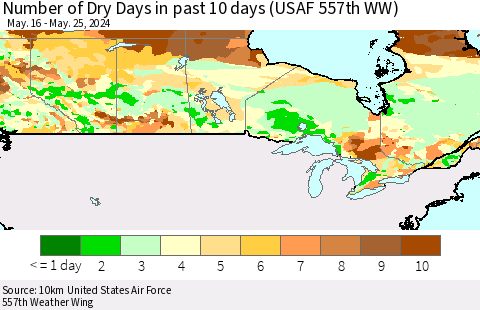 Canada Number of Dry Days in past 10 days (USAF 557th WW) Thematic Map For 5/21/2024 - 5/25/2024