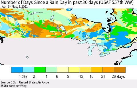 Canada Number of Days Since a Rain Day in past 30 days (USAF 557th WW) Thematic Map For 5/1/2021 - 5/5/2021