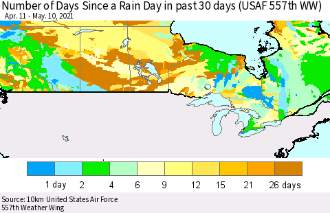 Canada Number of Days Since a Rain Day in past 30 days (USAF 557th WW) Thematic Map For 5/6/2021 - 5/10/2021