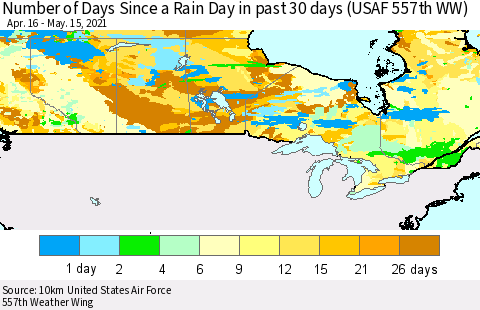 Canada Number of Days Since a Rain Day in past 30 days (USAF 557th WW) Thematic Map For 5/11/2021 - 5/15/2021