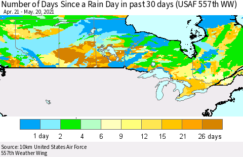 Canada Number of Days Since a Rain Day in past 30 days (USAF 557th WW) Thematic Map For 5/16/2021 - 5/20/2021