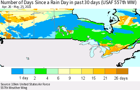 Canada Number of Days Since a Rain Day in past 30 days (USAF 557th WW) Thematic Map For 5/21/2021 - 5/25/2021