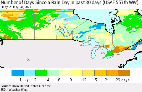 Canada Number of Days Since a Rain Day in past 30 days (USAF 557th WW) Thematic Map For 5/26/2021 - 5/31/2021