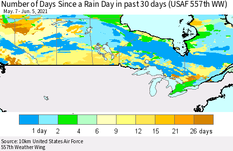Canada Number of Days Since a Rain Day in past 30 days (USAF 557th WW) Thematic Map For 6/1/2021 - 6/5/2021