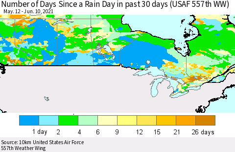 Canada Number of Days Since a Rain Day in past 30 days (USAF 557th WW) Thematic Map For 6/6/2021 - 6/10/2021