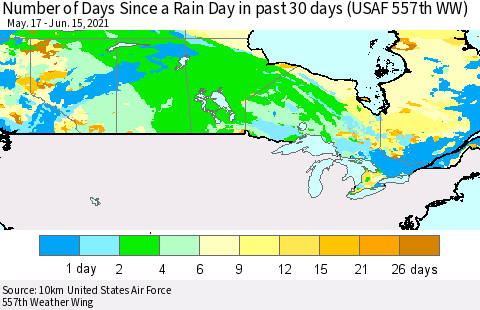 Canada Number of Days Since a Rain Day in past 30 days (USAF 557th WW) Thematic Map For 6/11/2021 - 6/15/2021