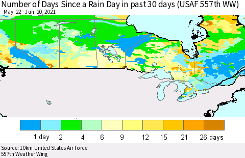Canada Number of Days Since a Rain Day in past 30 days (USAF 557th WW) Thematic Map For 6/16/2021 - 6/20/2021