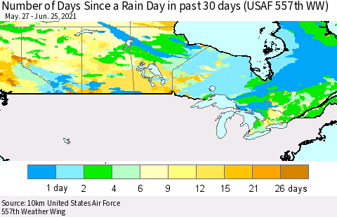Canada Number of Days Since a Rain Day in past 30 days (USAF 557th WW) Thematic Map For 6/21/2021 - 6/25/2021