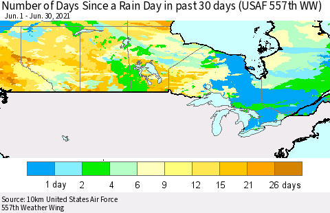 Canada Number of Days Since a Rain Day in past 30 days (USAF 557th WW) Thematic Map For 6/26/2021 - 6/30/2021