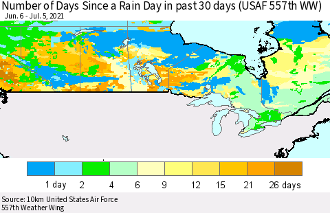 Canada Number of Days Since a Rain Day in past 30 days (USAF 557th WW) Thematic Map For 7/1/2021 - 7/5/2021
