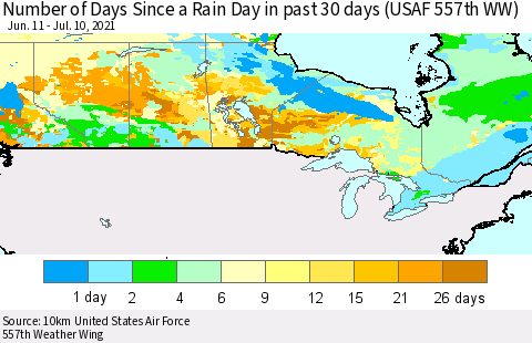 Canada Number of Days Since a Rain Day in past 30 days (USAF 557th WW) Thematic Map For 7/6/2021 - 7/10/2021