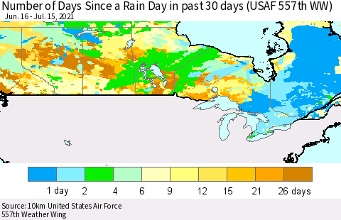 Canada Number of Days Since a Rain Day in past 30 days (USAF 557th WW) Thematic Map For 7/11/2021 - 7/15/2021
