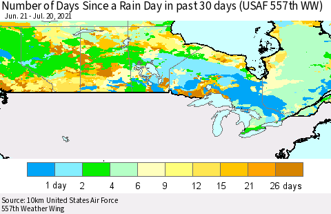 Canada Number of Days Since a Rain Day in past 30 days (USAF 557th WW) Thematic Map For 7/16/2021 - 7/20/2021