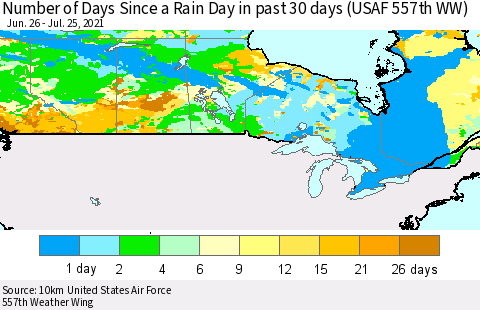 Canada Number of Days Since a Rain Day in past 30 days (USAF 557th WW) Thematic Map For 7/21/2021 - 7/25/2021