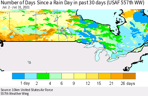 Canada Number of Days Since a Rain Day in past 30 days (USAF 557th WW) Thematic Map For 7/26/2021 - 7/31/2021