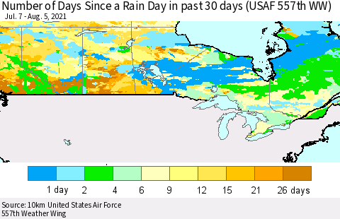 Canada Number of Days Since a Rain Day in past 30 days (USAF 557th WW) Thematic Map For 8/1/2021 - 8/5/2021