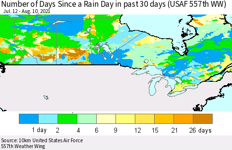 Canada Number of Days Since a Rain Day in past 30 days (USAF 557th WW) Thematic Map For 8/6/2021 - 8/10/2021