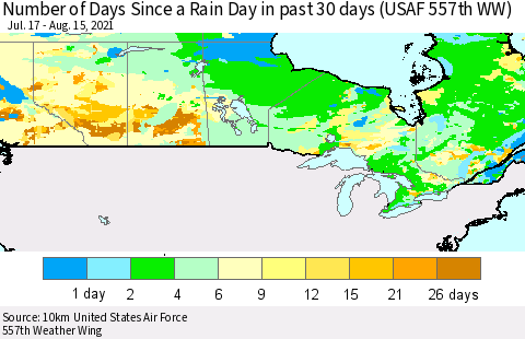 Canada Number of Days Since a Rain Day in past 30 days (USAF 557th WW) Thematic Map For 8/11/2021 - 8/15/2021