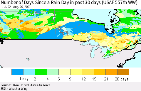 Canada Number of Days Since a Rain Day in past 30 days (USAF 557th WW) Thematic Map For 8/16/2021 - 8/20/2021