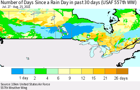 Canada Number of Days Since a Rain Day in past 30 days (USAF 557th WW) Thematic Map For 8/21/2021 - 8/25/2021