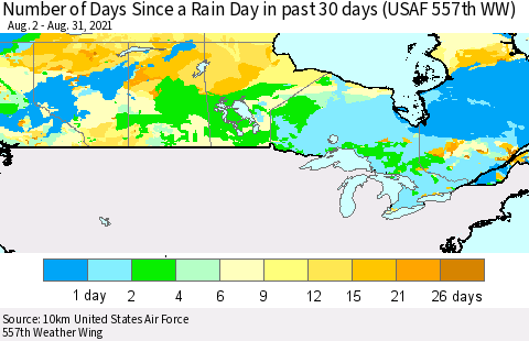 Canada Number of Days Since a Rain Day in past 30 days (USAF 557th WW) Thematic Map For 8/26/2021 - 8/31/2021
