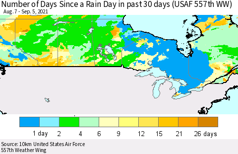 Canada Number of Days Since a Rain Day in past 30 days (USAF 557th WW) Thematic Map For 9/1/2021 - 9/5/2021