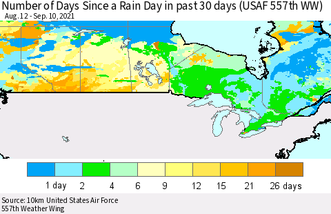 Canada Number of Days Since a Rain Day in past 30 days (USAF 557th WW) Thematic Map For 9/6/2021 - 9/10/2021