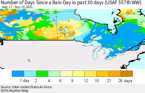 Canada Number of Days Since a Rain Day in past 30 days (USAF 557th WW) Thematic Map For 9/11/2021 - 9/15/2021