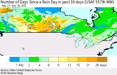 Canada Number of Days Since a Rain Day in past 30 days (USAF 557th WW) Thematic Map For 9/16/2021 - 9/20/2021