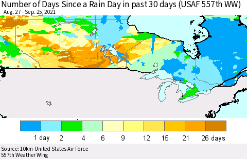 Canada Number of Days Since a Rain Day in past 30 days (USAF 557th WW) Thematic Map For 9/21/2021 - 9/25/2021