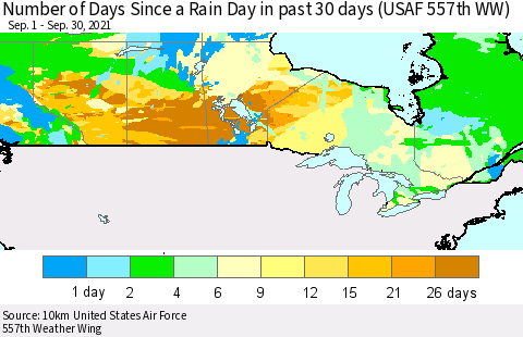 Canada Number of Days Since a Rain Day in past 30 days (USAF 557th WW) Thematic Map For 9/26/2021 - 9/30/2021