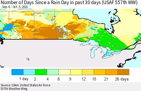 Canada Number of Days Since a Rain Day in past 30 days (USAF 557th WW) Thematic Map For 10/1/2021 - 10/5/2021