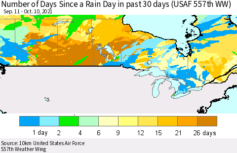 Canada Number of Days Since a Rain Day in past 30 days (USAF 557th WW) Thematic Map For 10/6/2021 - 10/10/2021