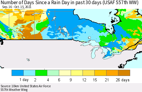 Canada Number of Days Since a Rain Day in past 30 days (USAF 557th WW) Thematic Map For 10/11/2021 - 10/15/2021