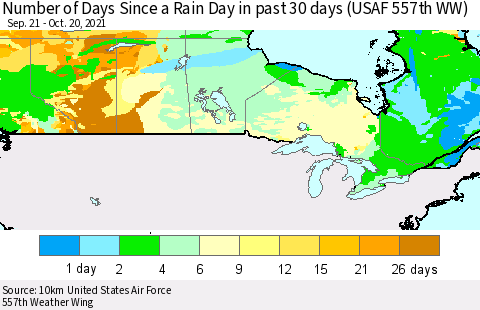 Canada Number of Days Since a Rain Day in past 30 days (USAF 557th WW) Thematic Map For 10/16/2021 - 10/20/2021