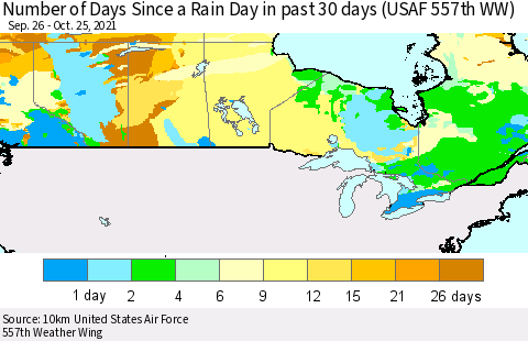 Canada Number of Days Since a Rain Day in past 30 days (USAF 557th WW) Thematic Map For 10/21/2021 - 10/25/2021